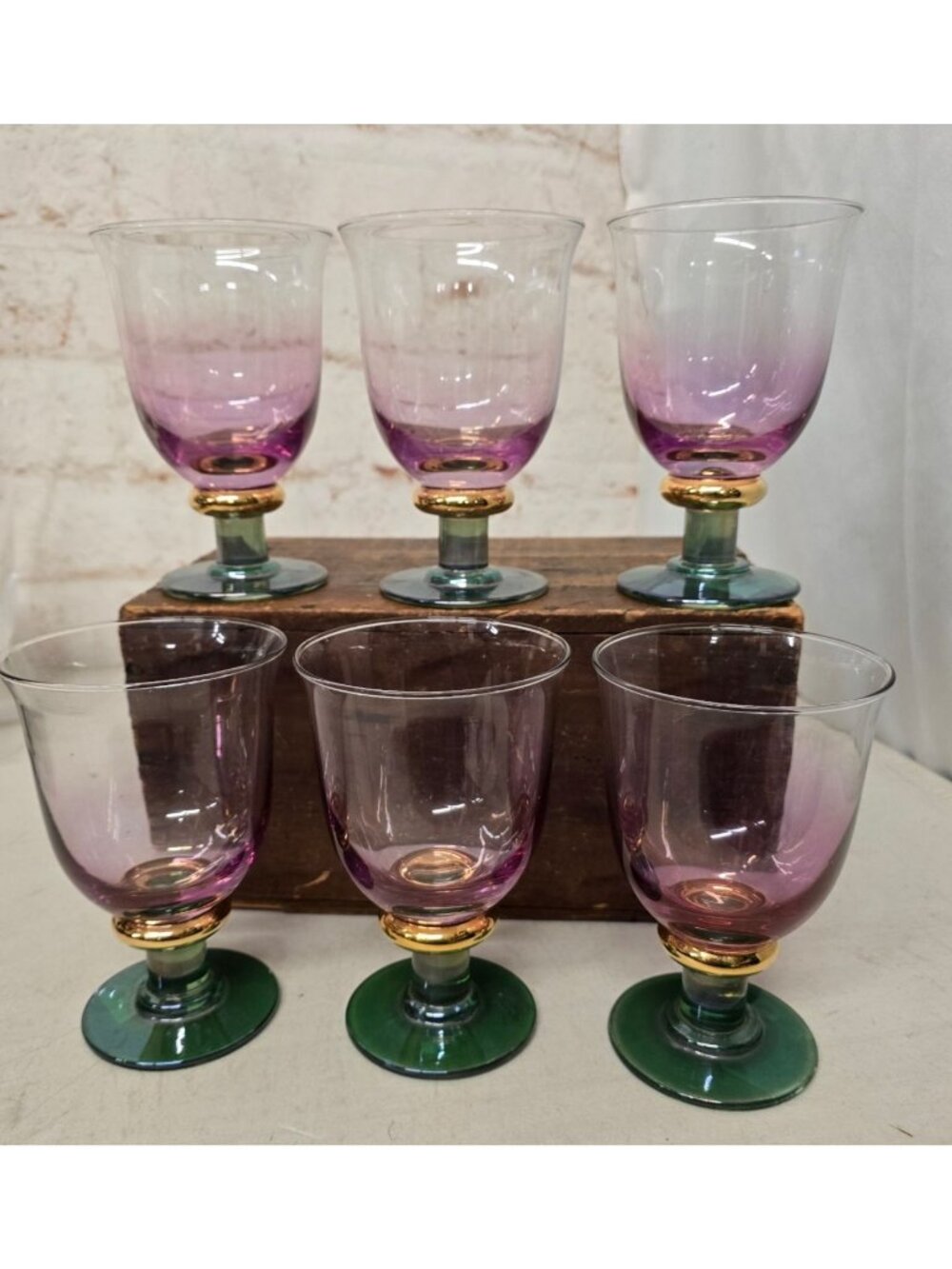 6 Krosno Poland Purple & Green Stemmed Glasses Gold Accents